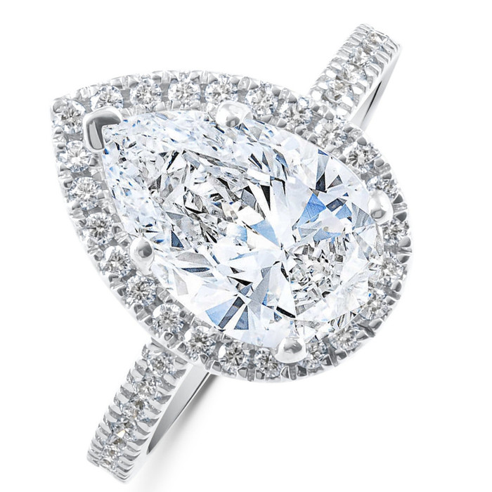 3 5/8Ct Pear Shape Halo Diamond Engagement Ring Lab Grown White or Yellow Gold
