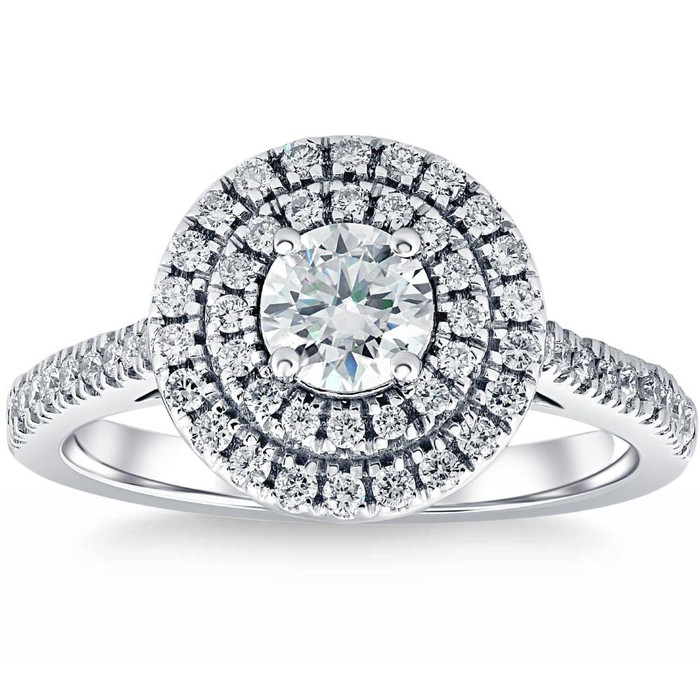 1 Ct T.W. Diamond Halo Moissanite & Lab Grown Engagement Ring in 10k White Gold 1 Ct T.W. Diamond Halo Moissanite & Lab Grown Engagement Ring in 10k White Gold