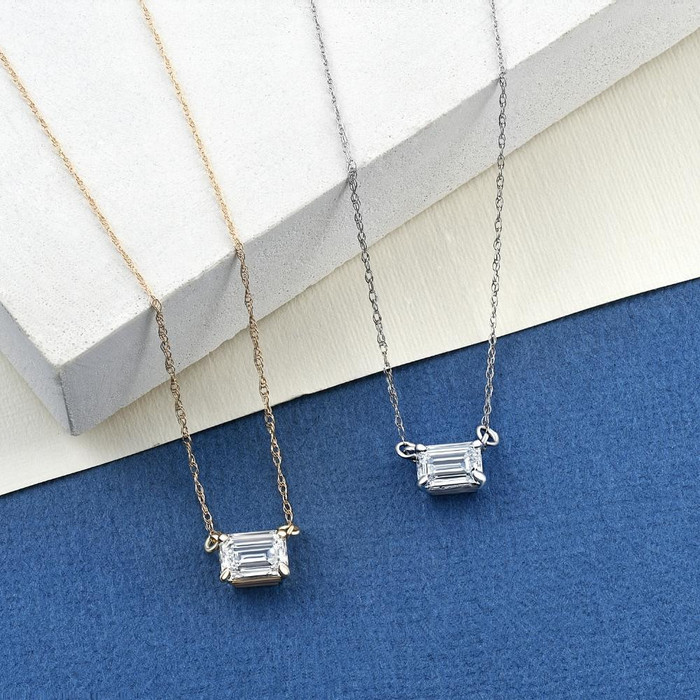 3/4 Ct Emerald Cut Sideways Lab Grown Diamond Pendant 14k Gold Necklace