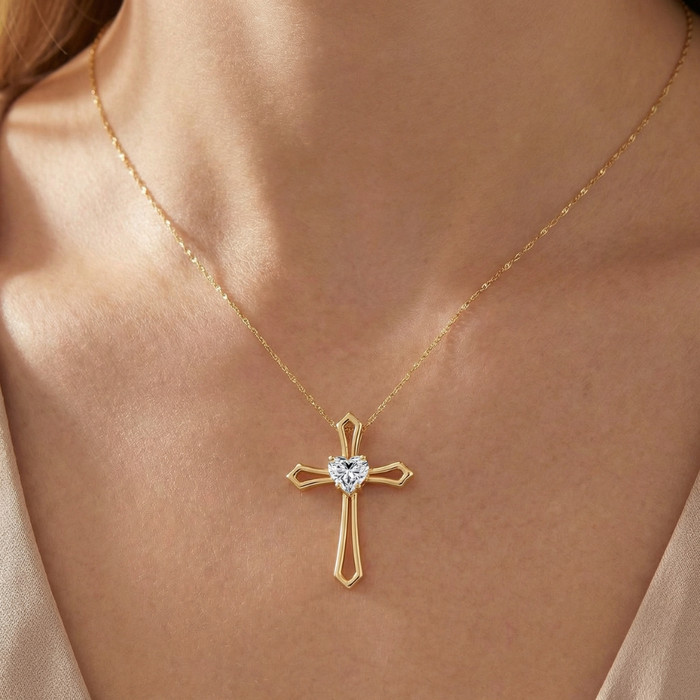 1Ct Cross Solitaire Heart Shape Diamond Necklace Gold Womens Necklace 1" Tall