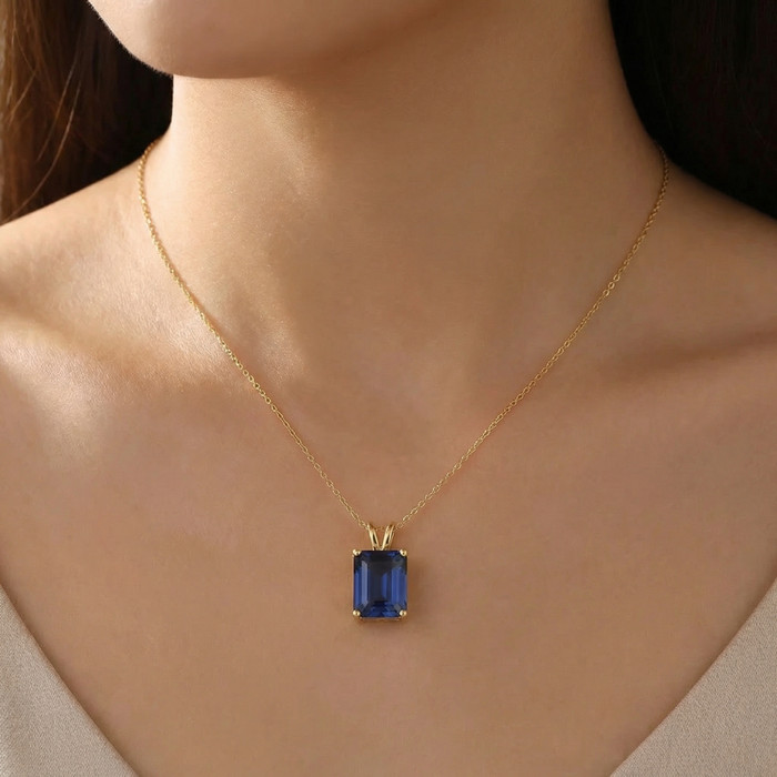 7 1/2Ct Blue Sapphire Diamond Solitaire Pendant 14k Gold Necklace Lab Grown