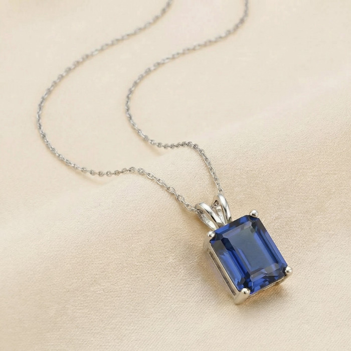 7 1/2Ct Blue Sapphire Diamond Solitaire Pendant 14k Gold Necklace Lab Grown