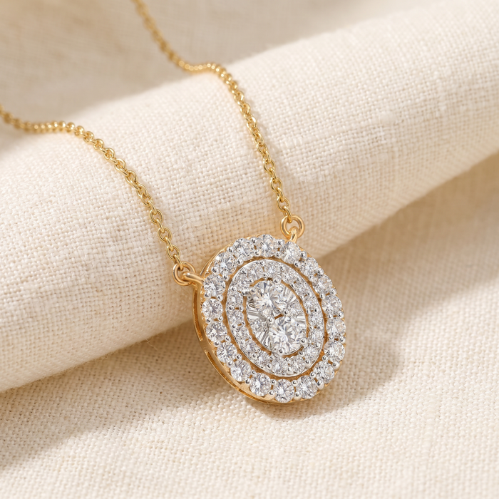 .85Ct Oval Diamond Halo Pendant Women's Yellow Gold Necklace 14mm Tall Lab Grown