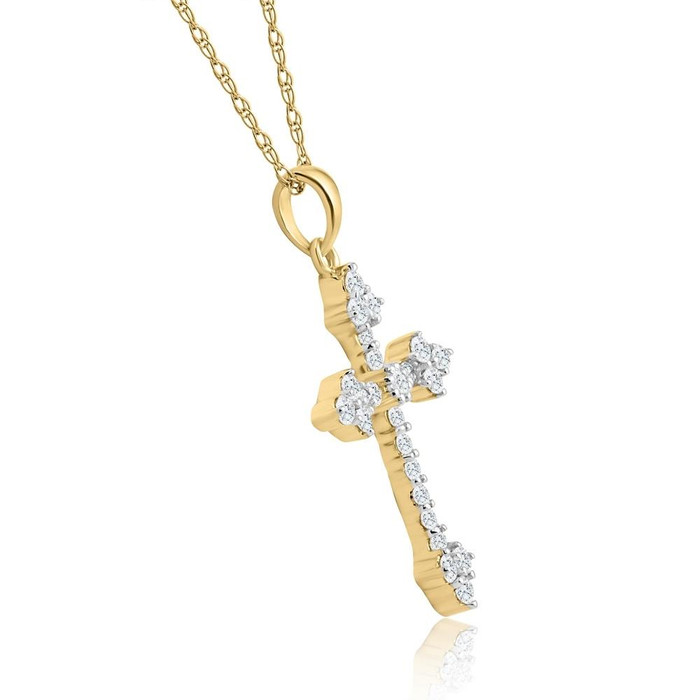 1/3Ct Diamond Cross Pendant 10k Yellow Gold Lab Grown Women's Necklace 1" Tall