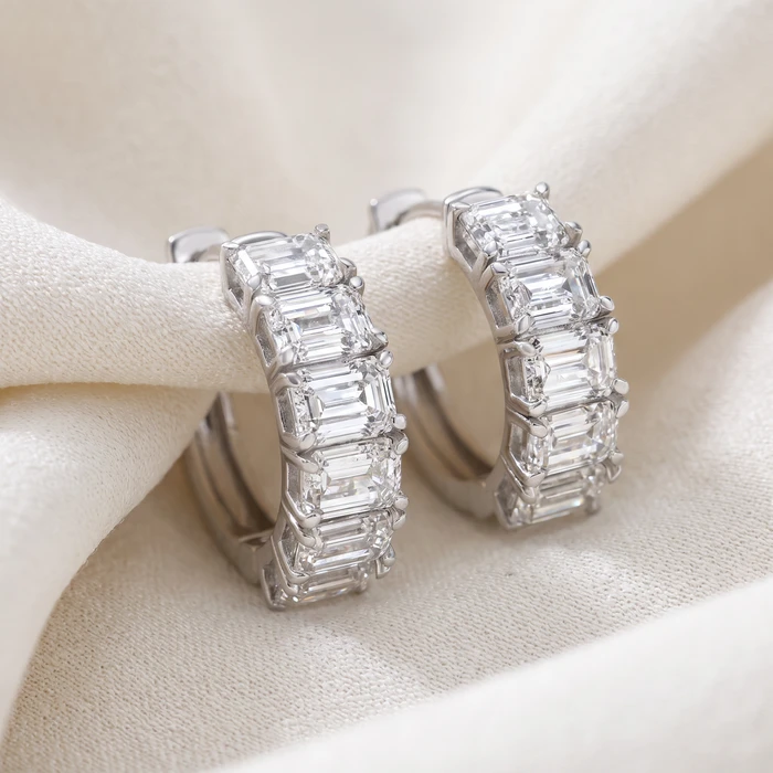 6.30Ct Emerald Cut Diamond Hoops 14k White Gold Lab Grown Earrings 3/4"