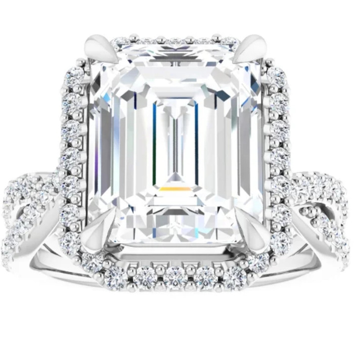 5 3/4Ct Emerald Cut Moissanite & Diamond Engagement Ring White Yellow Rose Gold