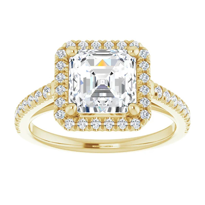 4 1/2Ct Asscher Cut Moissanite & Diamond Halo Engagement Ring in 10k Gold 4 1/2Ct Asscher Cut Moissanite & Diamond Halo Engagement Ring in 10k Gold