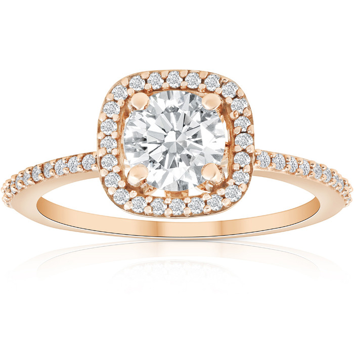 1 1/4 Ct Moissanite & Diamond Cushion Halo Ring 10k Rose Gold