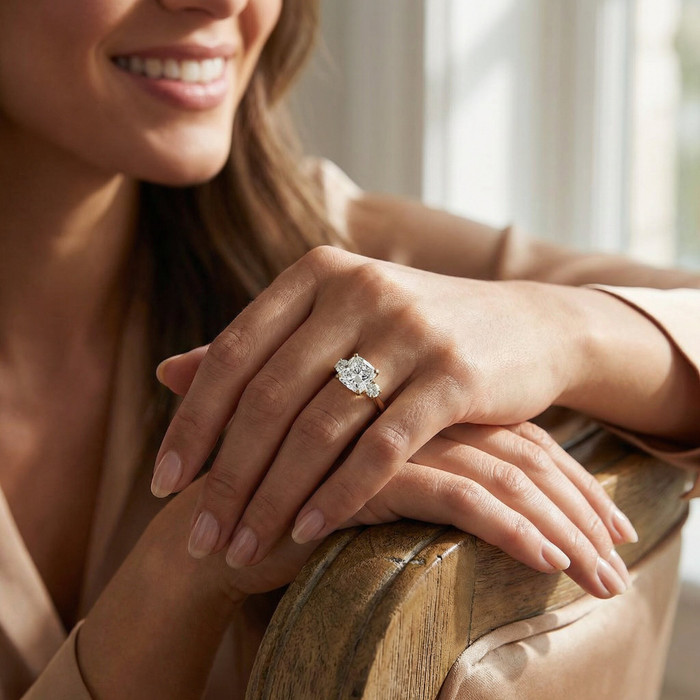 3 1/2Ct Cushion & Round Cut Moissanite Engagement Ring 14k Yellow Gold