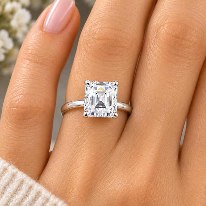 5Ct Asscher Solitaire Moissanite Engagement Ring in White Yellow or Rose Gold