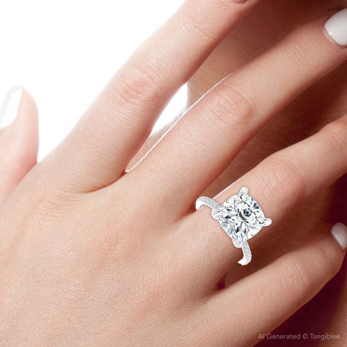 3 1/2 Cushion Moissanite and Diamond Engagement Ring 14k White Gold
