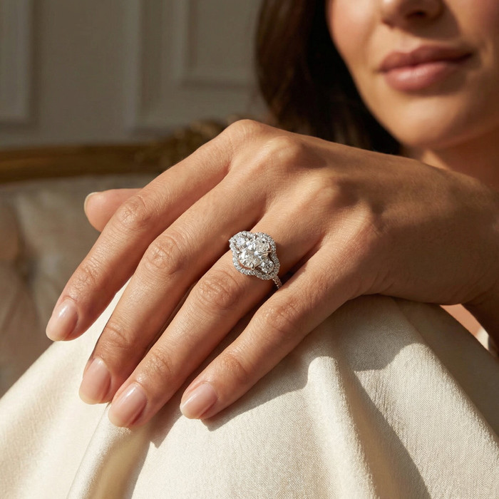 1 3/4 Ct Three Stone Halo Diamond & Oval Moissanite Engagement Ring White Gold