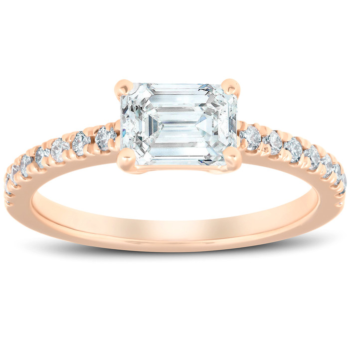 1 1/2Ct Sideways Emerald Cut Moissanite & Diamond Engagement Ring 14k Rose Gold 1 1/2Ct Sideways Emerald Cut Moissanite & Diamond Engagement Ring 14k Rose Gold