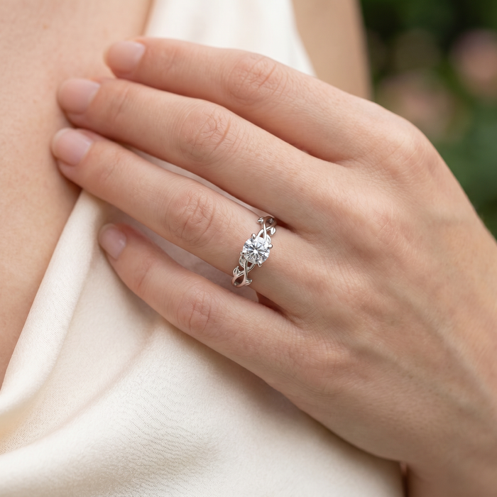 1 1/4 ct Solitaire Moissanite Vine Engagement Ring 14k White Gold