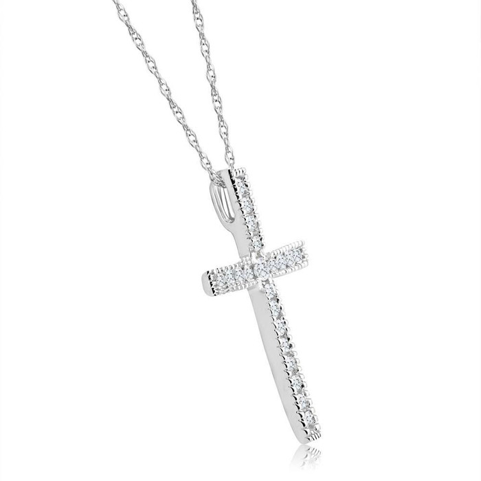 1/3Ct Round Cut Diamond Cross Pendant 10k White or Yellow Gold Necklace 1" Tall