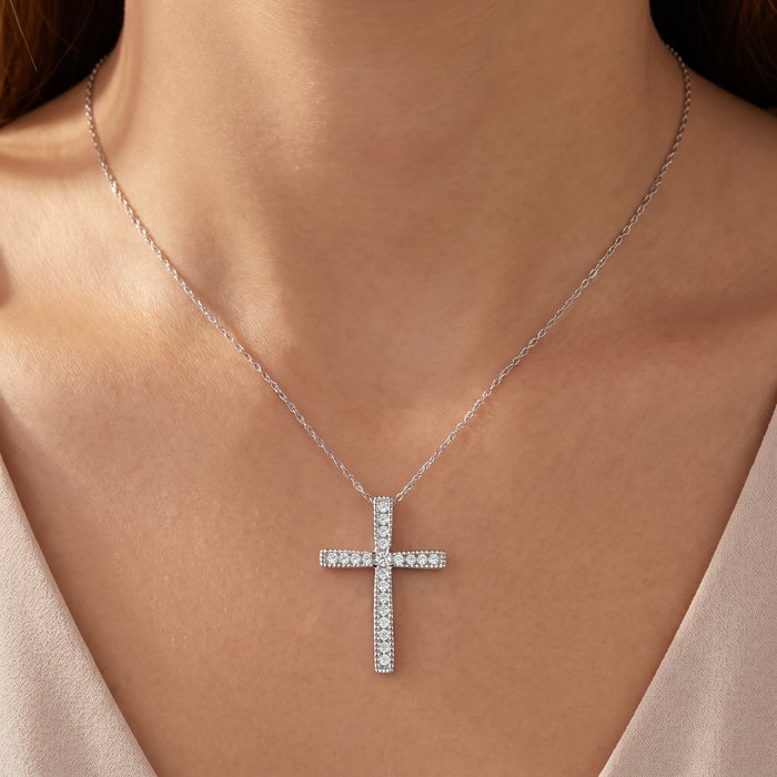 1/3Ct Round Cut Diamond Cross Pendant 10k White or Yellow Gold Necklace 1" Tall