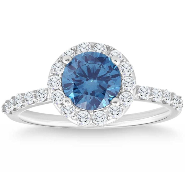 2Ct TW Blue & White Diamond Halo Engagement Ring in 14k White Gold