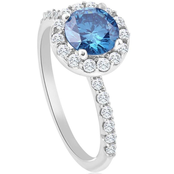 2Ct TW Blue & White Diamond Halo Engagement Ring in 14k White Gold