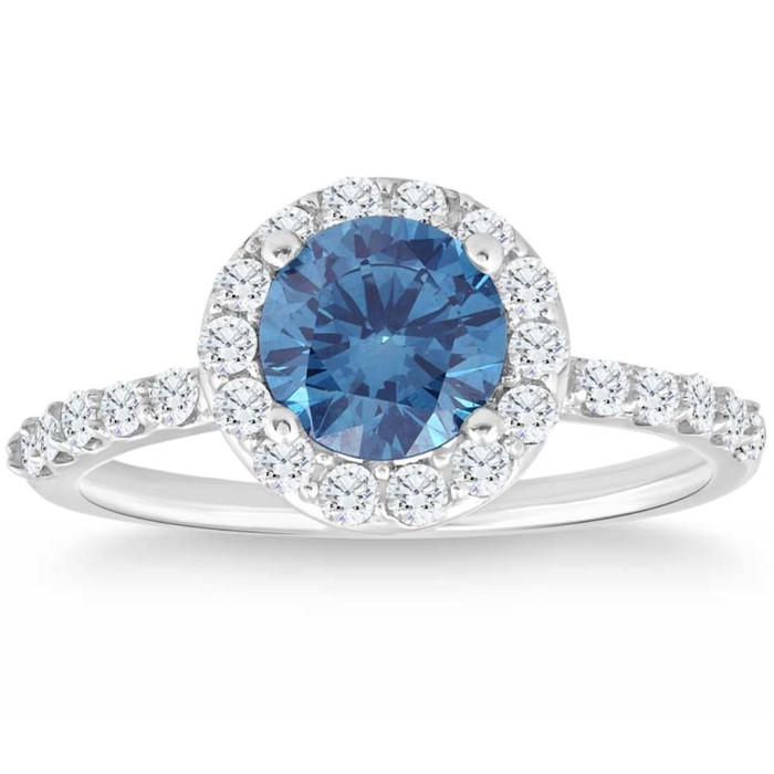 2Ct TW Blue & White Diamond Halo Engagement Ring in 14k White Gold