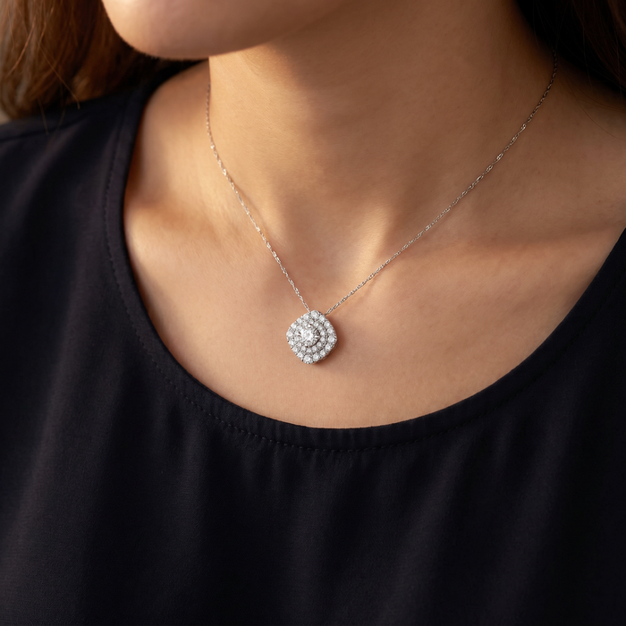 2 1/4Ct Diamond (1ct center) Cushion Halo Pendant White Gold Necklace Lab Grown