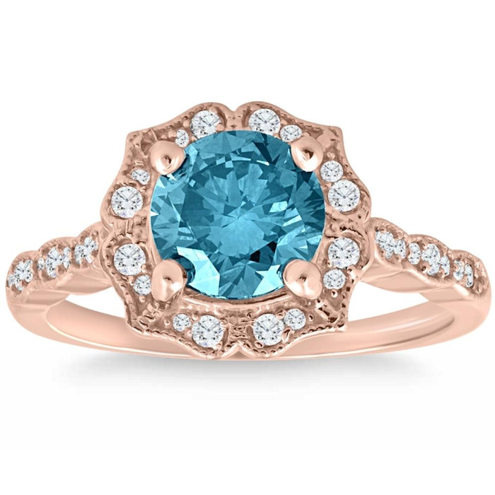 2Ct TW Blue & White Diamond Halo Vintage Engagement Ring 14k Rose Gold