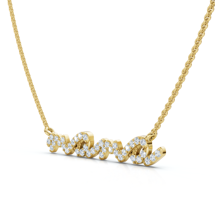 Diamond Script Mama Pendant Gold Necklace 1 1/2" Wide Lab Grown