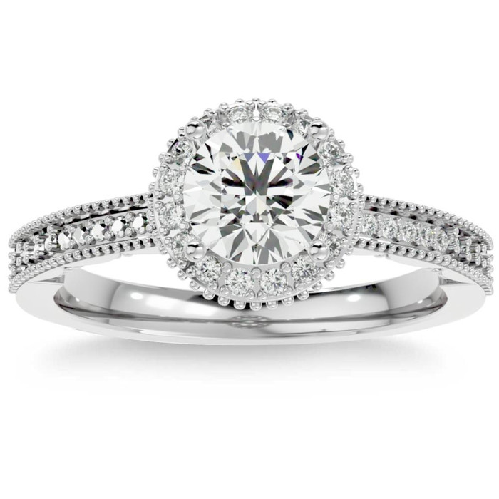 1 1/10Ct Vintage Diamond Moissanite Halo Engagement Ring White Yellow Rose Gold