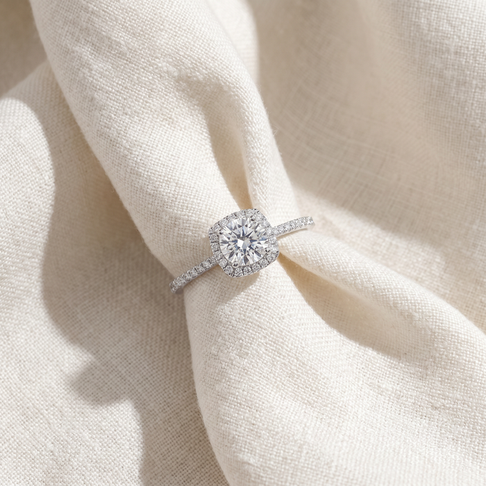 1 3/4 Ct TW Moissanite & Diamond Cushion Halo Engagement Ring in 14k White Gold