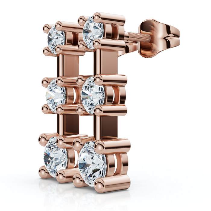 1Ct Three Stone Drop Earrings 10k Gold Lab Grown 5/8" Tall Push Back