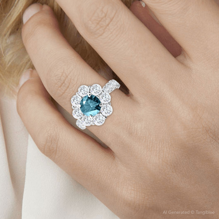 3 1/2Ct TW Blue & White Diamond Halo Engagement Ring 14k White Gold Lab Grown