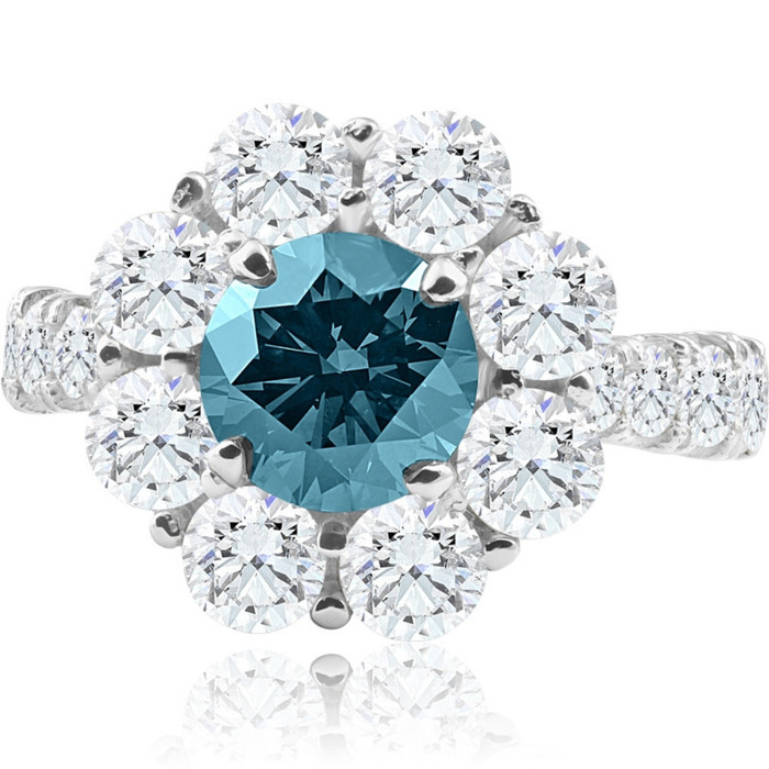 3 1/2Ct TW Blue & White Diamond Halo Engagement Ring 14k White Gold Lab Grown