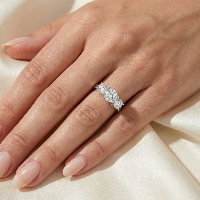 3 1/4Ct TW Round Diamond Three Stone Engagement Ring 14k White Gold Lab Grown