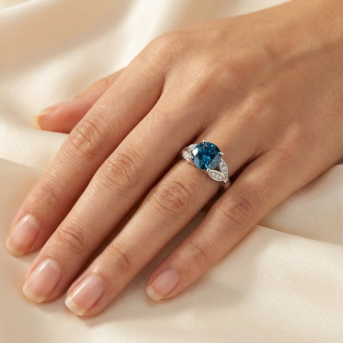 3 1/4Ct TW Blue & White Vintage Diamond Engagement Ring Lab Grown 10k White Gold