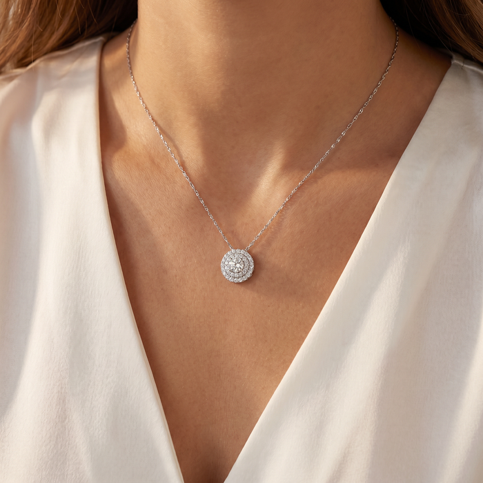 2 1/5Ct TW Diamond (1ct center) Round Halo Pendant White Gold Necklace Lab Grown