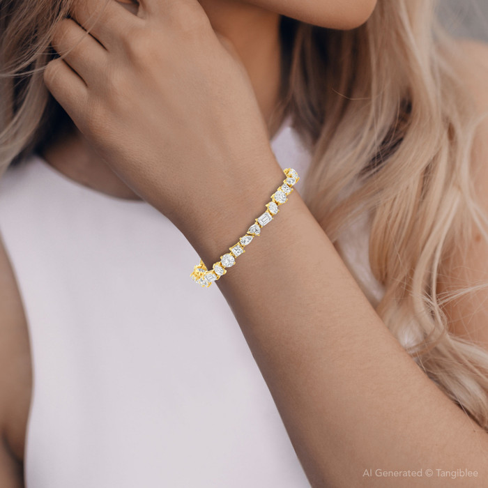 F/VS 15Ct Mixed Fancy Cut Diamond Tennis Bracelet 14k Gold Lab Grown 7"