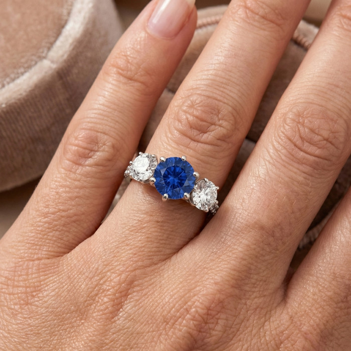 Certified 6 3/4Ct Blue Sapphire Diamond Ring Three Stone Gold Lab Grown