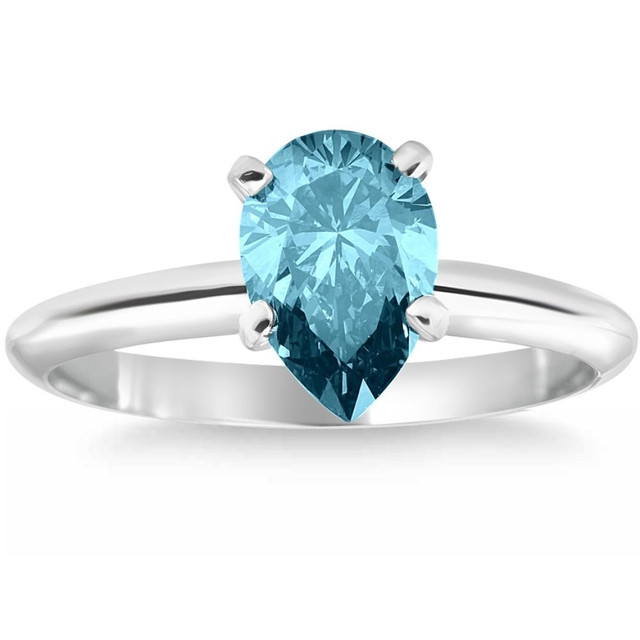 an EX3 Diamond pear shaped blue lab-grown diamond engagement ring in white gold