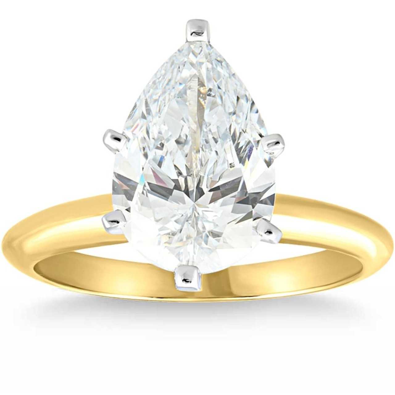 a pear solitaire lab-grown diamond on a yellow gold band