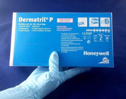 Einmal-Handschuh Dermatril P743, Einmal Nitril-Handschuh, Dermatrilhandschuh, Chemieschutzhandschuh lang
