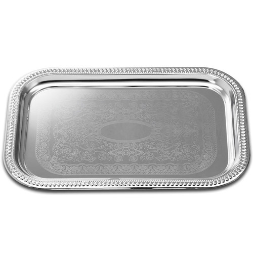 Winco CMT-1812 18" x 12 1/2" Rectangular Embossed Chrome Plated Metal Catering Tray- CCT1812