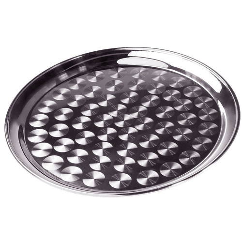 Winco STRS-14 14" Stainless Steel Serving / Display Tray with Swirl Pattern - Narrow Rim - TRN14H