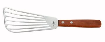 Winco FST-6 6-3/4" x 3-1/4" Slotted Fish Turner / Spatula - Wood Hand