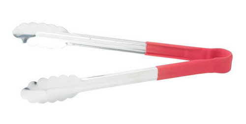 Winco UTPH-12R 12" Stainless Steel Red Scalloped Coated Handle Tong, Heat Resistant