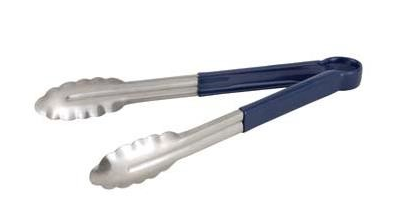 Winco UT-9HP-B 9" Stainless Steel Blue Scalloped Coated Handle Tong, Cold Service