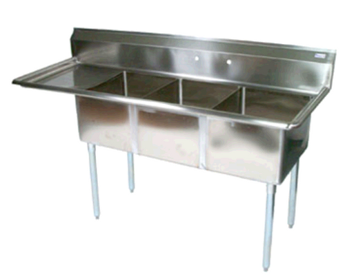 Three Compartment Stainless Steel Commercial Sink - 24" x 24" Bowls w/ Drainboard, Left - NSF
