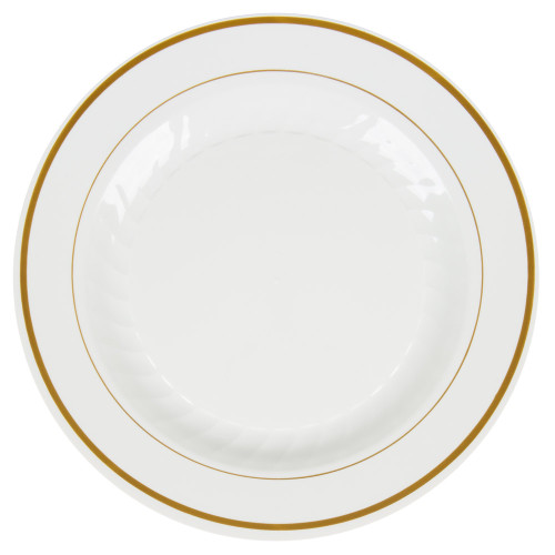 WNA Comet MP10IPREM 10 1/4" Ivory Masterpiece Plastic Plate with Gold Accent Bands 