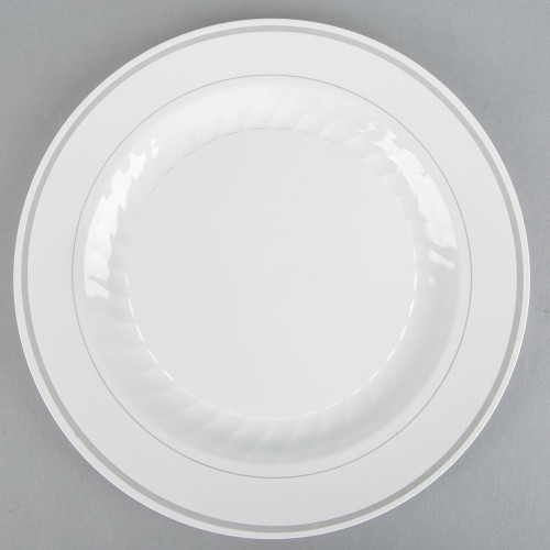 WNA Comet MP10WSLVR 10 1/4" White Masterpiece Plastic Plate with Silver Accent Bands 