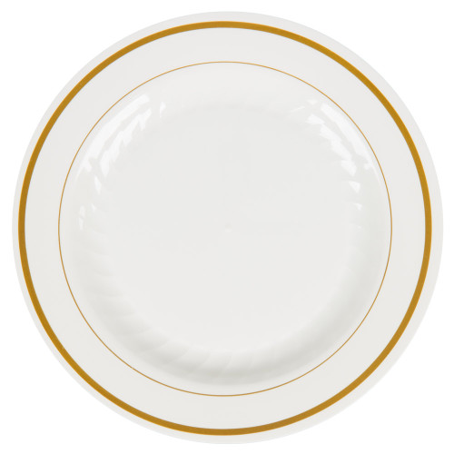 6" Ivory Masterpiece Plastic Plate with Gold Accent Bands - 120 / Case 