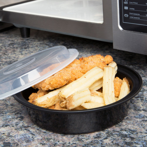23 oz. Black 7" Round Microwavable Container with Lid - Case of 150