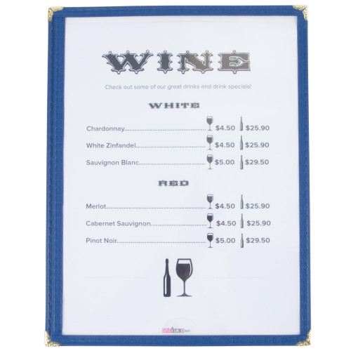Winco PMC9B 8 1/2" x 11" Single Pocket Menu Cover - Blue